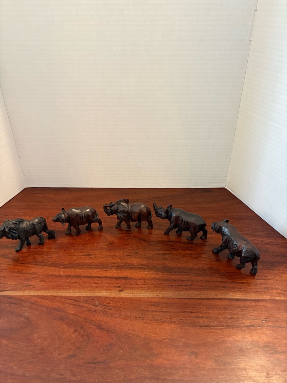 Carved Ironwood Big Five Figurines Lion Rhino Elephant Buffalo Leopard 4 In Long